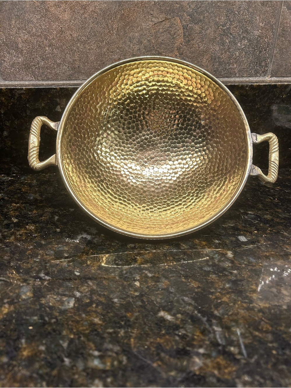 Vintage Hammered Brass Bowl w/ handles and 3 lion paw feet